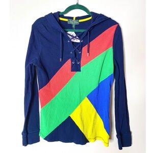 VINTAGE LAUREN RALPH LAUREN Colorful Thermal Lace-Up Long Sleeve Hoodie